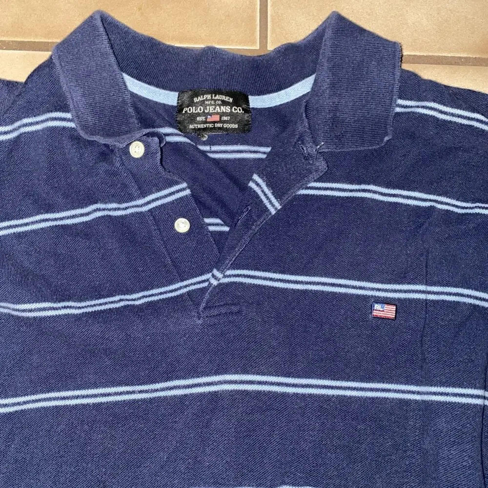 Vintage Southpole Polo Shirt Men 2XL Blue White Striped Short Sleeve Y2K Collar